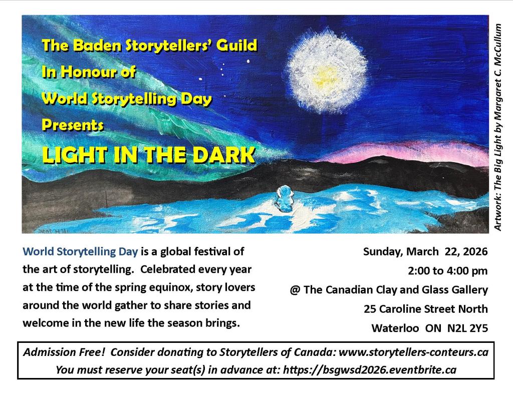 Poster for World Storytelling Day, 2026
All details are repeated in the surrounding text.
Artwork: The Big Light by Margaret C. McCullum